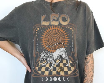 Leo Zodiac Sign Band Tee, Comfort Colors Horoscope Shirt, Vintage Inspired Celestial Graphic Tshirt, Retro Aesthetic Mystical Birthday Gift