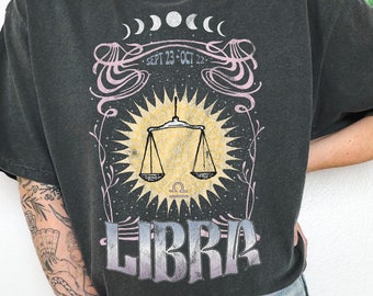 Libra Zodiac Sign Graphic Tee, Comfort Colors Horoscope Shirt, Vintage Inspired Celestial Tshirt, Retro Aesthetic Mystical Birthday Gift