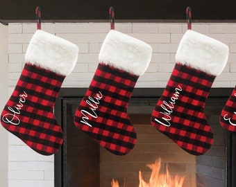 Personalized Christmas Stockings, Family Red and Black Plaid Holiday Stocking, Dog stocking, Christmas Decor, Holiday Decor, Buffalo Plaid