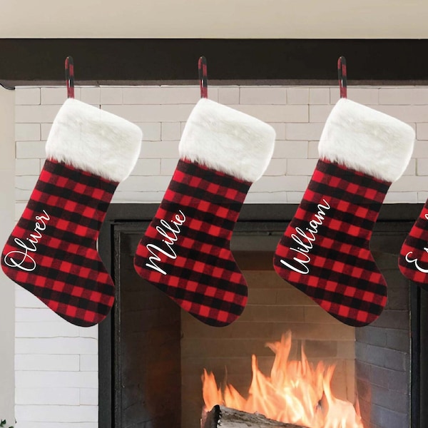 Medias navideñas personalizadas, medias navideñas familiares a cuadros rojos y negros, medias para perros, decoración navideña, decoración navideña, cuadros de búfalo