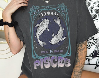 Pisces Zodiac Sign Graphic Tee, Comfort Colors Horoscope Shirt, Vintage Inspired Celestial Tshirt, Retro Aesthetic Mystical Birthday Gift