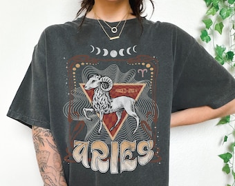 Aries Zodiac Graphic Tee, Comfort Colors Horoscope Shirt, Vintage Inspired Celestial Tshirt, Retro Aesthetic Mystical Birthday Gift