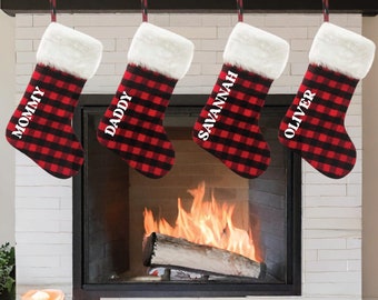 Personalized Family Christmas Stockings, Custom Name Xmas Gifts, Festive Buffalo Plaid Holiday Decor, Minimalistic Aesthetic Hanging Socks,