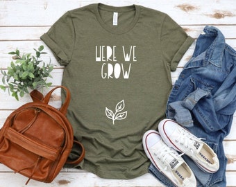 Here we grow, funny pregnancy announcement shirt, baby announcement tshirt, baby reveal to family grandparents parents sister, plant lover