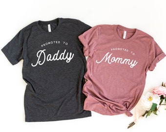 his and hers pregnancy announcement shirt, baby reveal t-shirt, promoted to mommy, promoted to daddy, couples pregnancy announcement for dad