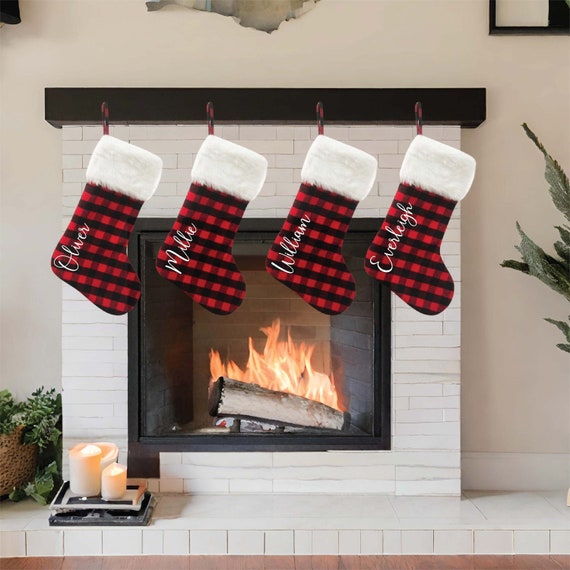 Personalized Christmas Stockings, Family Red and Black Plaid Holiday Stocking, Dog stocking, Christmas Decor, Holiday Decor, Buffalo Plaid