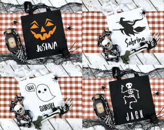 Sac de trucs ou de friandises, sac de bonbons d’Halloween personnalisé, cadeau d’Halloween personnalisé, costume, chat noir, fantôme, lanterne Jack O, chauve-souris, sorcière
