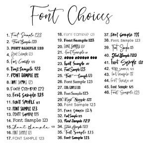 May include: A list of 46 different font styles with the text "Font Sample 123" displayed in each style. The font styles range from simple to elaborate.