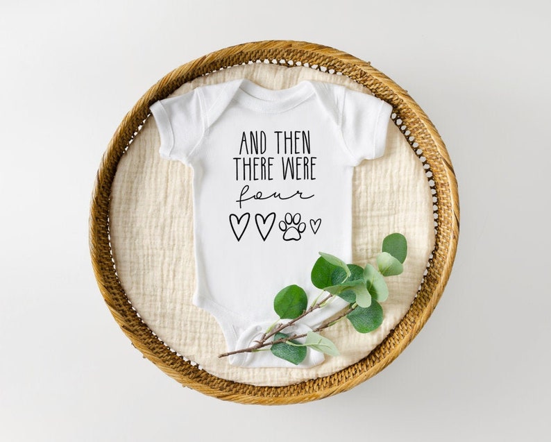 And then there were FOUR, baby announcement Onesies®, coming soon Onesies®, dog baby announcement baby bodysuit, newborn outfit, gift custom image 1