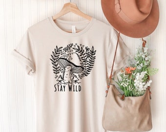 Mushroom Shirts Cottagecore Tshirt, Stay Wild Outdoors Tee Hiking TShirt, Botanical Shirt Women, Boho Hippie Adventure Nature Lover Tshirt