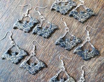 Bat Spider Web Halloween Earrings