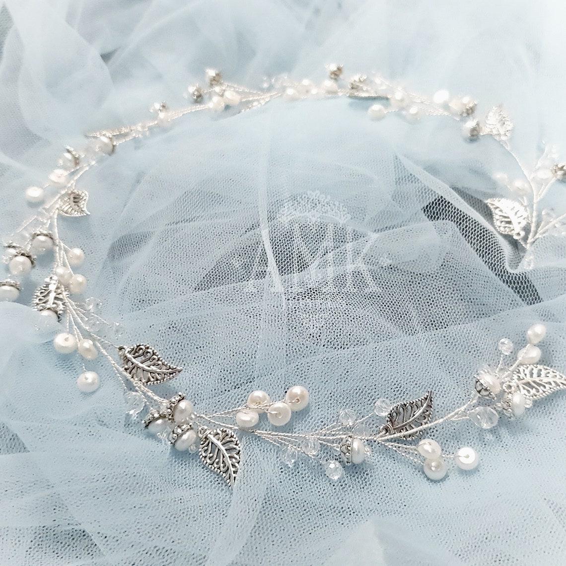 Silver hair vine with leaves and pearls bridal hair vine Etsy