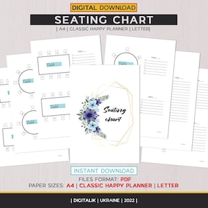 Planificador de planos de asientos para bodas, Plano de asientos azul, Plano de asientos, Disposición de asientos, Planificador de recepción de bodas A4 / HP clásico / Carta