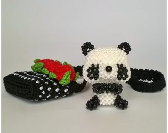 Poppenhuispandaspeelgoed, pandabeeldje met kralen, dierenminiatuurbeeldje; handgemaakt