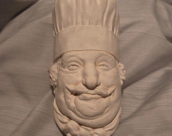 VTG Chalkware Head Chef Unmarked All White Similar To Bossons