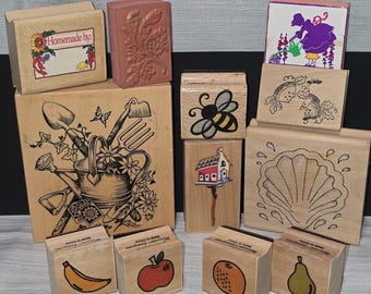 Lot Of 12 90s VTG Wood Mounted Stamp Watering Can Gardening Fruits Tools Packet