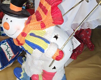 Vintage Snowman on Skis Night Light Christmas Holiday Ceramic Lamp