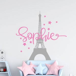 Calcomanía de pared con nombre de niña, decoración de la habitación de los niños, calcomanía de la torre eiffel, decoración de la habitación de la niña, calcomanía de París, pegatina de la torre eiffel, decoración de la guardería niña