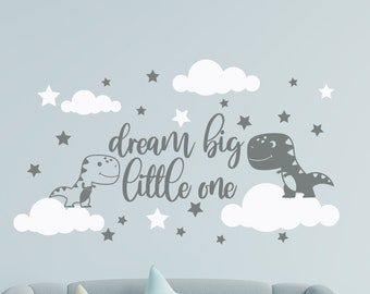 Dinosaur wall decal, dream big little one decal, baby room decor, cloud and star decal, nursery decor boy, dinosaur sticker, quote for kids