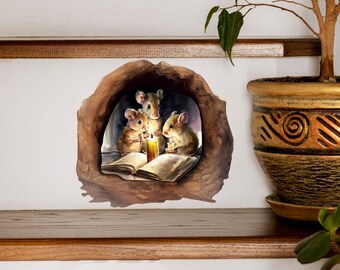 Family mouse reading book hole wall decal, bedroom vinyl decor, mouse reading book in bedroom, animal decal, gift for teacher, home decor