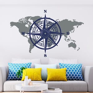 Wandtattoo mit Weltkarte, Kompass für das Schlafzimmer, Wandsticker, Wasserkompass, Wanddeko, Wanddeko, Kinderzimmerdeko