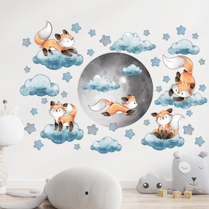 Cute foxes on moon wall decal baby room decor, woodland animal decal nursery decor boy, moon and stars decal, watercolor fox kids room decor