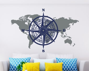World map wall decal, compass decal, bedroom decor, removable sticker, nautical compass decal, home vinyl decor, world map sticker