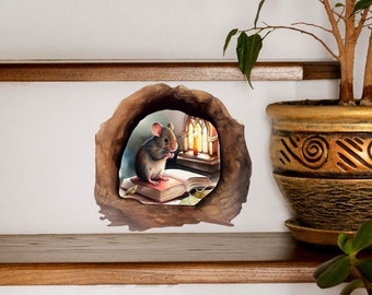 Calcomanía de pared con forma de ratón leyendo un libro: Vinilo extraíble con forma de animal divertido