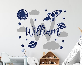 Space Boy Name Wall Decal Kids: Rocket, Moon & Stars Vinyl Custom Name Sticker Nursery