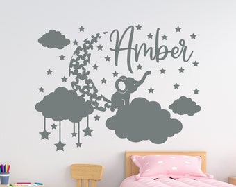 Calcomanía de vinilo personalizada con nombre de elefante en la luna para habitación de bebé.