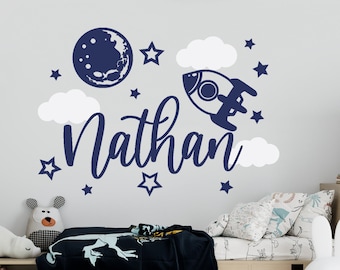 Custom Boy Name Wall Decal With Rocket Kids Room: Moon and Stars Sticker Nursery
