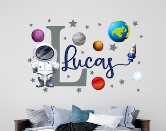 Personalized astronaut wall decal kids room decor, space theme decal for nursery room, solar system planets vinyl sticker  for boys room