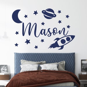 Boy name wall decal, kids room decor, rocket decal, boy bedroom decor, space wall decal, nursery decor boy, moon and star, boy vinyl sticker