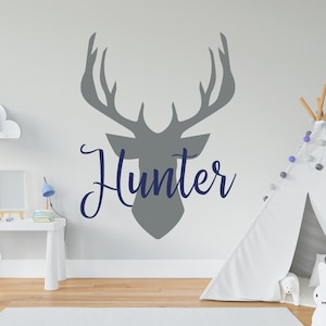 Name wall decal, antler deer decal, kids room decor, baby boy name decal, woodland decal, hunting sticker, deer nursery decal, boy decor