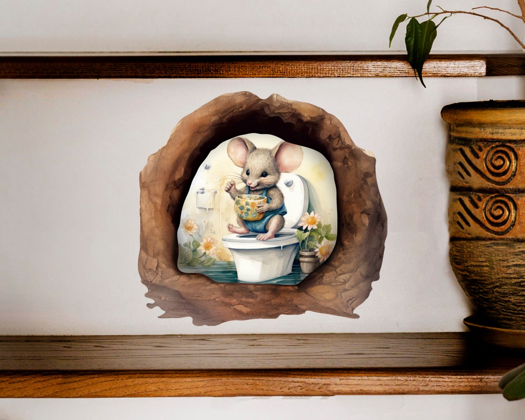 Mouse Sitting on Toilet Hole Wall Decal, Bedroom Vinyl Decor, Mouse
