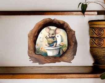 Mouse sitting on toilet hole wall decal, bedroom vinyl decor, mouse hole 3D vinyl sticker, gift for teacher, cute animal decal, home decor