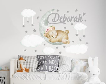 Teddy bear wall decal, kids room decor, custom name wall sticker, watercolor animal decal, nursery room decor,  bear on the moon with stars