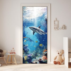 Sea world door decal baby room, removable door banner with underwater world, nursery door decal, watercolor sea world door wallpaper kids