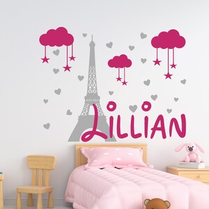 Calcomanía de pared personalizada con nombre de niña, calcomanía de la Torre Eiffel para habitación de bebé, calcomanía con temática de París para habitación infantil, decoración de dormitorio con temática de Francia, calcomanía de París
