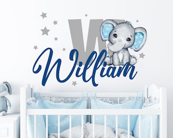 Baby elephant with custom name wall decal, kids room decor, animal decal toddler room decor, watercolor grey elephant wall sticker for boy