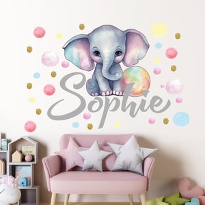 Baby elephant wall decal, kids room decor, girl name decal, animal wall decal nursery room, watercolor elephant with bubbles sticker girl