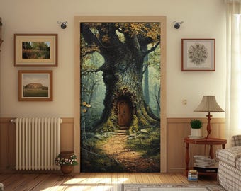 Peut inclure: Une grande peinture murale d'un arbre avec une porte dans son tronc, dans une scène de forêt. L'œuvre est encadrée par un cadre de porte en bois. Deux peintures de paysage encadrées et un radiateur sont visibles.