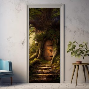 Fairytale magic house on tree door sticker, kids room door decor, removable door banner, fairytale decor for entry door, forest door skin