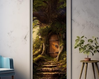 Peut inclure: Une porte menant à une maison dans un arbre, avec un chemin de pierre menant à celle-ci. La porte est en bois et possède une poignée en métal. La maison dans l'arbre est entourée d'une végétation luxuriante.