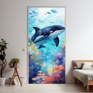 Nautical theme door cover, removable door banner with dolphin in the sea, door decor for nursery, watercolor sea world door wallpaper kids