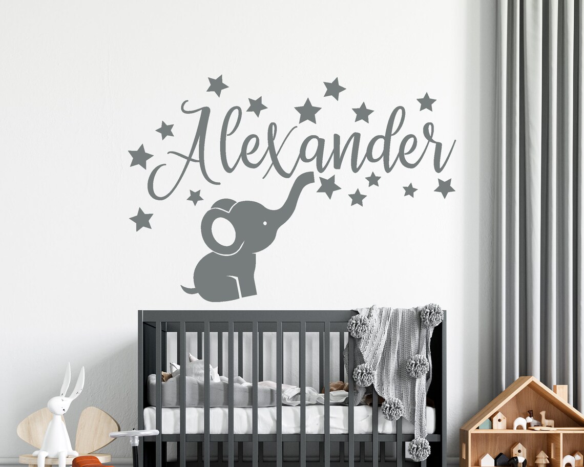 Name Wall Decal Baby Elephant Decal Boy Name Wall Decal Etsy