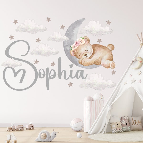 Personalized teddy bear wall decal, custom baby name wall decal, cute animal decor kids bedroom, watercolor bear on moon decal baby decor