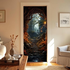 Charming Forest Castle Door Cover for Bedroom, Magic Stairway, Woodland Theme Reusable Fabric Banner