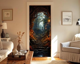 Peut inclure: Un revêtement de porte représentant un paysage fantastique avec un escalier en pierre menant à un château. L'œuvre d'art présente une forêt avec un feuillage d'automne, un pont et une rivière. La palette de couleurs comprend des nuances d'orange, de marron et de bleu.