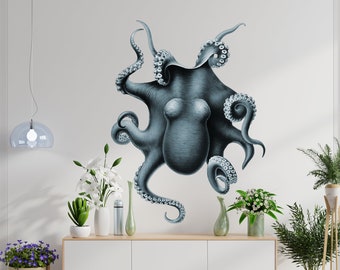 Realistic octopus wall decal bathroom, kraken tentacles vinyl sticker, nautical home decor, colored octopus decor, ocean animal wall decal